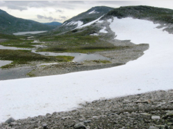 Am Pass liegt ein ausgedehntes und steiles Altschneefeld, das es zu berqueren gilt